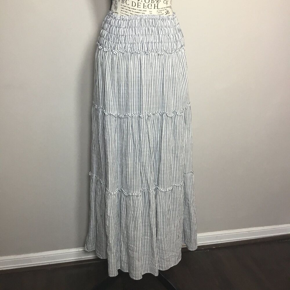 Blue white tiered maxi skirt stretchy smocked waist 26"-34" coastal grandma M